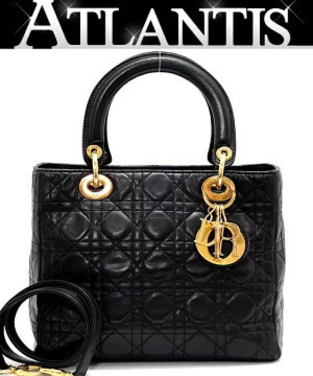 Christian Dior Lady 2way Shoulder Bag Lambskin Black